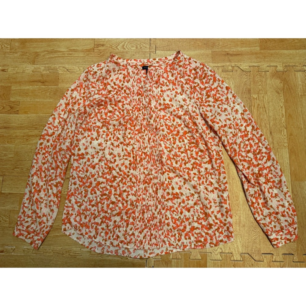 Talbots Womens Small Blouse Coral Orange Abstract Print Pintuck Split Neck Top